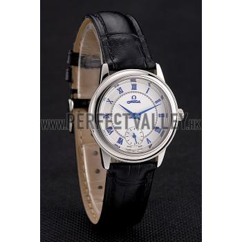 Omega De Ville Prestige Small Seconds White Dial Blue Numerals Stainless Steel Case Black Leather Strap