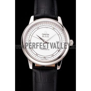 Replica Omega De Ville Prestige White Dial Stainless Steel Case Black Leather Strap