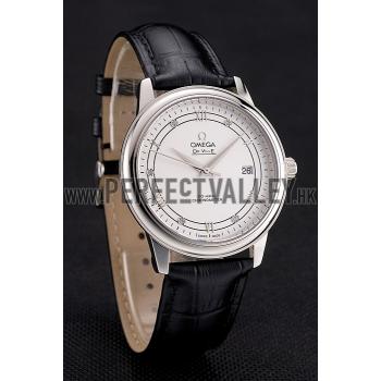 Replica Omega De Ville Prestige White Dial Stainless Steel Case Black Leather Strap