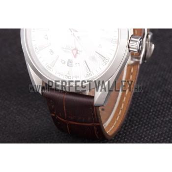 Replica Omega Seamaster Silver Bezel with White Dial and Brown Leather Band  621573