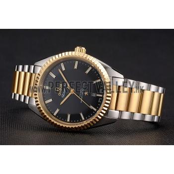 Omega Globemaster Black Dial Stainless Steel Case Gold Bezel Two Tone Bracelet