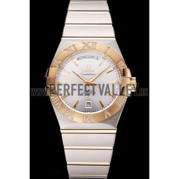 Swiss Omega Constellation White Dial Stainless Steel Case Gold Bezel Two Tone Bracelet Replica