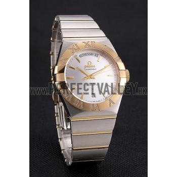 Swiss Omega Constellation White Dial Stainless Steel Case Gold Bezel Two Tone Bracelet Replica