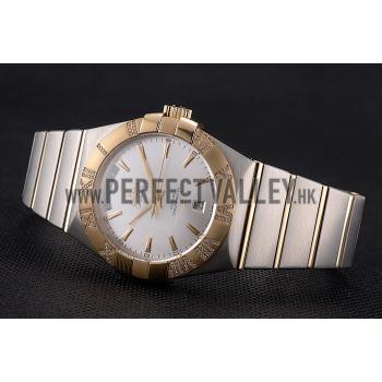 Swiss Omega Constellation White Dial Stainless Steel Case Gold Bezel Two Tone Bracelet Replica