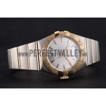 Swiss Omega Constellation White Dial Stainless Steel Case Gold Bezel Two Tone Bracelet Replica