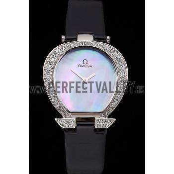 Replica Omega Ladies Watch Pearl Dial Stainless Steel Case With Diamonds Black Leather Strap  622828