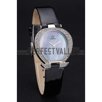 Replica Omega Ladies Watch Pearl Dial Stainless Steel Case With Diamonds Black Leather Strap  622828