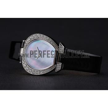 Replica Omega Ladies Watch Pearl Dial Stainless Steel Case With Diamonds Black Leather Strap  622828