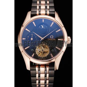 Replica Omega De Ville Moonphase Tourbillon Black Dial Rose Gold Case Two Tone Rose Gold Black Bracelet