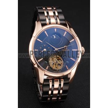 Replica Omega De Ville Moonphase Tourbillon Black Dial Rose Gold Case Two Tone Rose Gold Black Bracelet