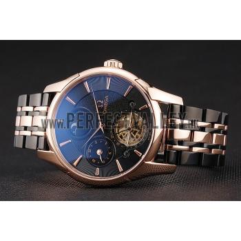 Replica Omega De Ville Moonphase Tourbillon Black Dial Rose Gold Case Two Tone Rose Gold Black Bracelet