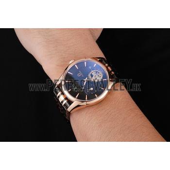 Replica Omega De Ville Moonphase Tourbillon Black Dial Rose Gold Case Two Tone Rose Gold Black Bracelet