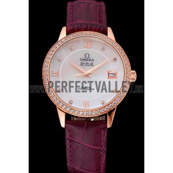 Omega DeVille Prestige Co-Axial Diamond Gold Case Mother-Of-Pearl Dial Purple Leather Strap