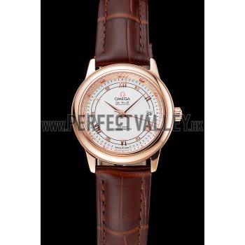 Omega De Ville Prestige Ladies White Dial Rose Gold Case Brown Leather Strap