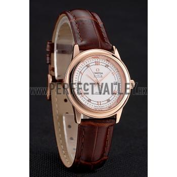 Omega De Ville Prestige Ladies White Dial Rose Gold Case Brown Leather Strap