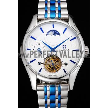 Omega De Ville Moonphase Tourbillon White Dial Stainless Steel Case Two Tone Steel Blue Bracelet