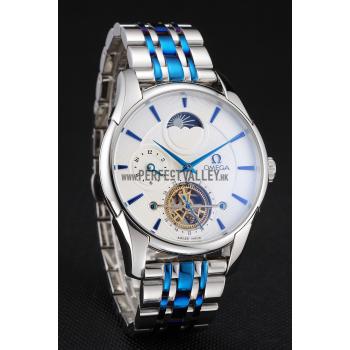 Omega De Ville Moonphase Tourbillon White Dial Stainless Steel Case Two Tone Steel Blue Bracelet