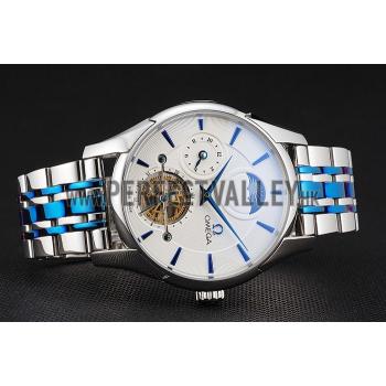 Omega De Ville Moonphase Tourbillon White Dial Stainless Steel Case Two Tone Steel Blue Bracelet