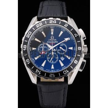 Cheap Omega Seamaster Aqua Terra Chrono GMT Blue Dial Black Leather Bracelet  622535