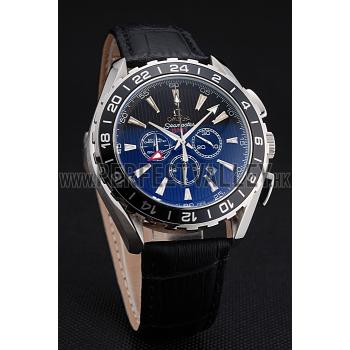 Cheap Omega Seamaster Aqua Terra Chrono GMT Blue Dial Black Leather Bracelet  622535