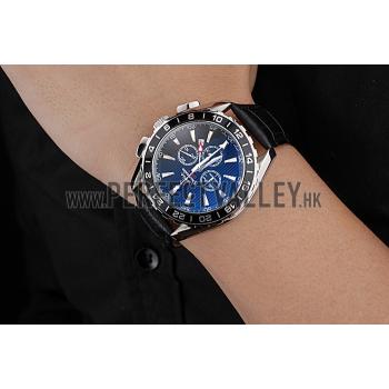 Cheap Omega Seamaster Aqua Terra Chrono GMT Blue Dial Black Leather Bracelet  622535