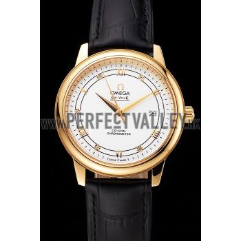 Cheap Omega De Ville Prestige White Dial Gold Case Black Leather Strap