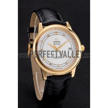 Cheap Omega De Ville Prestige White Dial Gold Case Black Leather Strap