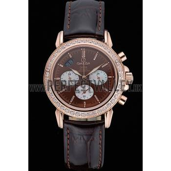 Omega De Ville Chronograph Brown Dial Gold Diamond Case Brown Leather Bracelet  622457