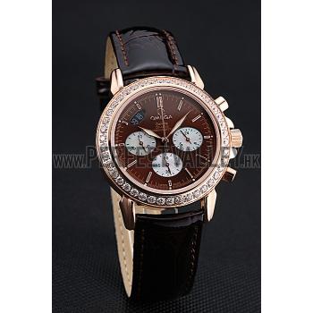 Omega De Ville Chronograph Brown Dial Gold Diamond Case Brown Leather Bracelet  622457