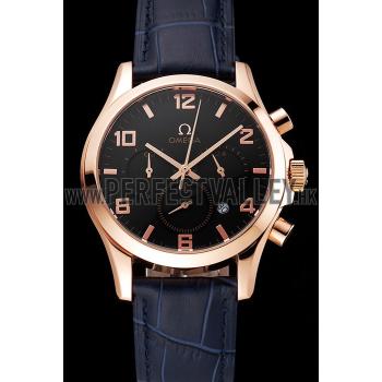 Cheap Omega Chronograph Black Dial Rose Gold Case Blue Leather Strap