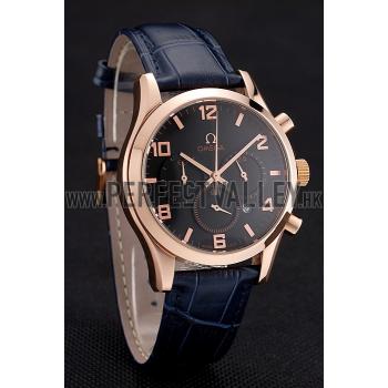 Cheap Omega Chronograph Black Dial Rose Gold Case Blue Leather Strap