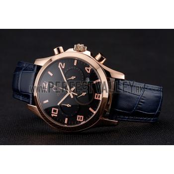 Cheap Omega Chronograph Black Dial Rose Gold Case Blue Leather Strap