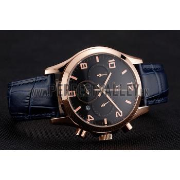 Cheap Omega Chronograph Black Dial Rose Gold Case Blue Leather Strap