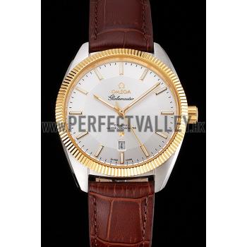 Cheap Omega Globemaster Silver Dial Gold Bezel Stainless Steel Case Brown Leather Strap