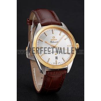 Cheap Omega Globemaster Silver Dial Gold Bezel Stainless Steel Case Brown Leather Strap