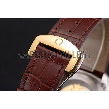 Cheap Omega Globemaster Silver Dial Gold Bezel Stainless Steel Case Brown Leather Strap