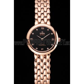 Omega De Ville Prestige No Date Black Dial With Diamonds Rose Gold Case And Bracelet