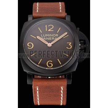 Swiss Panerai Luminor Brown Dial Black PVD Case Brown Leather Strap 1453856 Replica