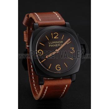 Swiss Panerai Luminor Brown Dial Black PVD Case Brown Leather Strap 1453856 Replica