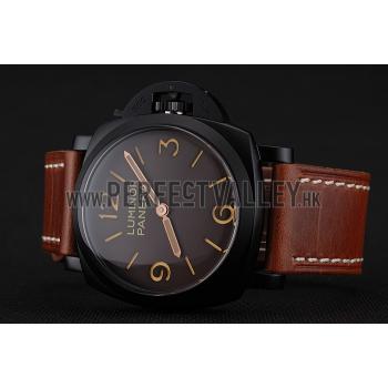 Swiss Panerai Luminor Brown Dial Black PVD Case Brown Leather Strap 1453856 Replica