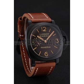 Swiss Panerai Luminor Marina Brown Dial Black PVD Case Brown Leather Strap 1453849