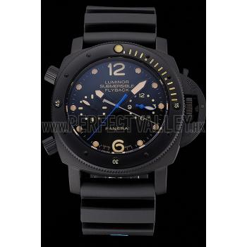 Panerai Luminor Submersible Flyback GMT Black Dial Yellow Markings Black Ionized Case Black Rubber Strap