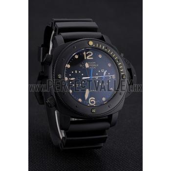 Panerai Luminor Submersible Flyback GMT Black Dial Yellow Markings Black Ionized Case Black Rubber Strap