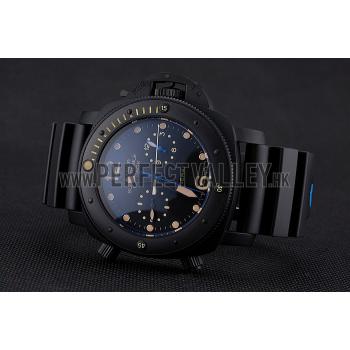 Panerai Luminor Submersible Flyback GMT Black Dial Yellow Markings Black Ionized Case Black Rubber Strap