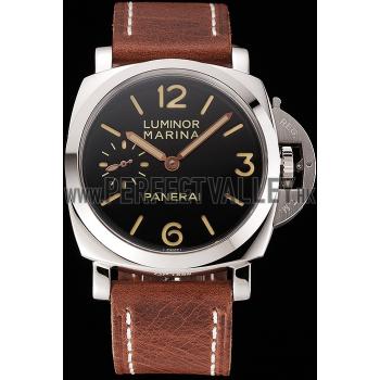 Swiss Panerai Luminor Marina Black Dial Stainless Steel Case Brown Leather Strap 1453852