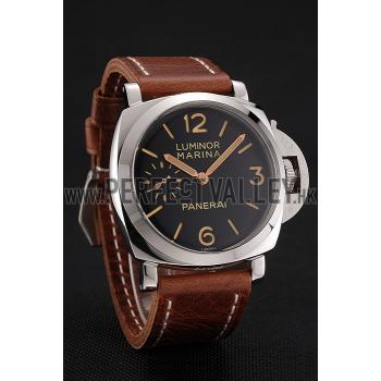 Swiss Panerai Luminor Marina Black Dial Stainless Steel Case Brown Leather Strap 1453852