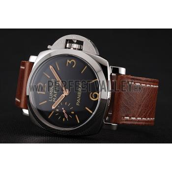 Swiss Panerai Luminor Marina Black Dial Stainless Steel Case Brown Leather Strap 1453852