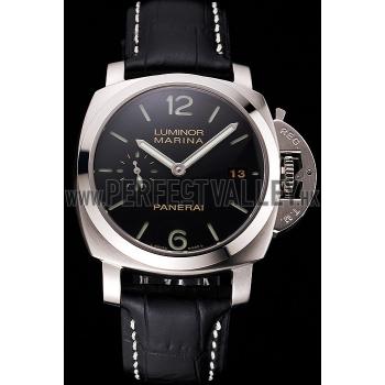 Swiss Panerai Luminor Marina Date Black Dial Stainless Steel Case Black Leather Strap