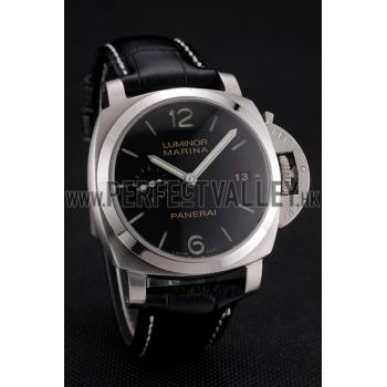 Swiss Panerai Luminor Marina Date Black Dial Stainless Steel Case Black Leather Strap