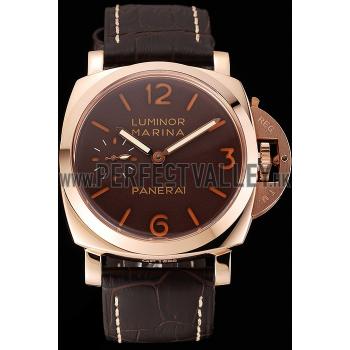 Swiss Panerai Luminor Marina Brown Dial Rose Gold Case Brown Leather Strap 1453843 Replica